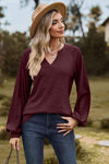 Notched Neck Raglan Sleeve Blouse Wine Blouses - Tophatter Daily Deals