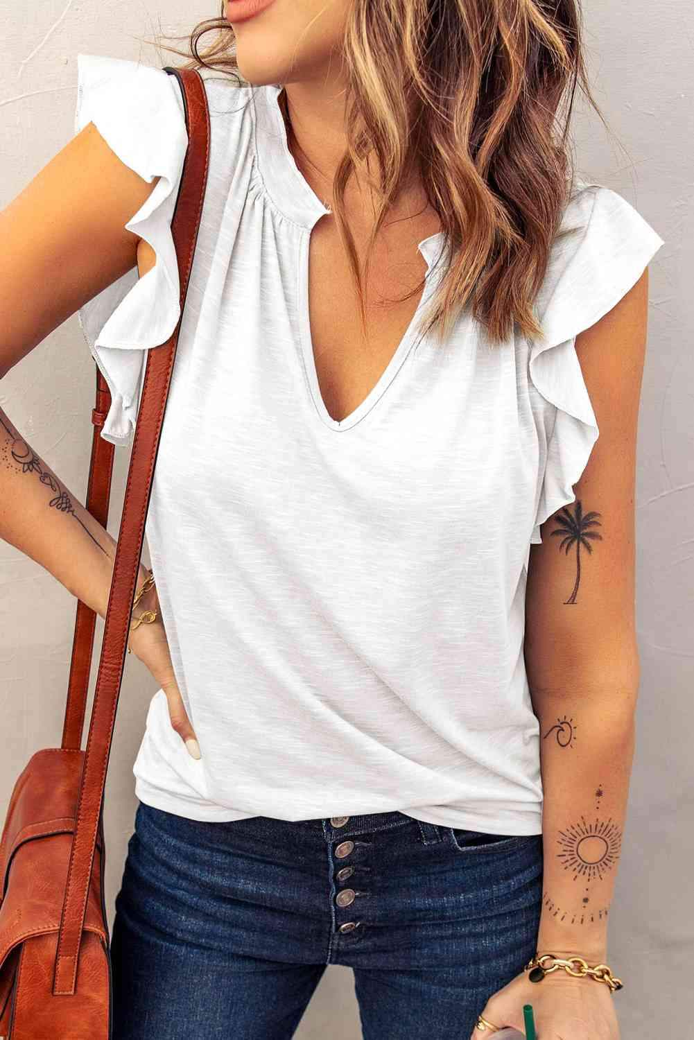 Butterfly Sleeve Notched Neck Top White Blouses - Tophatter Daily Deals