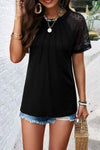 Lace Detail Round Neck Short Sleeve T-Shirt Black Women's T-Shirts - Tophatter Daily Deals