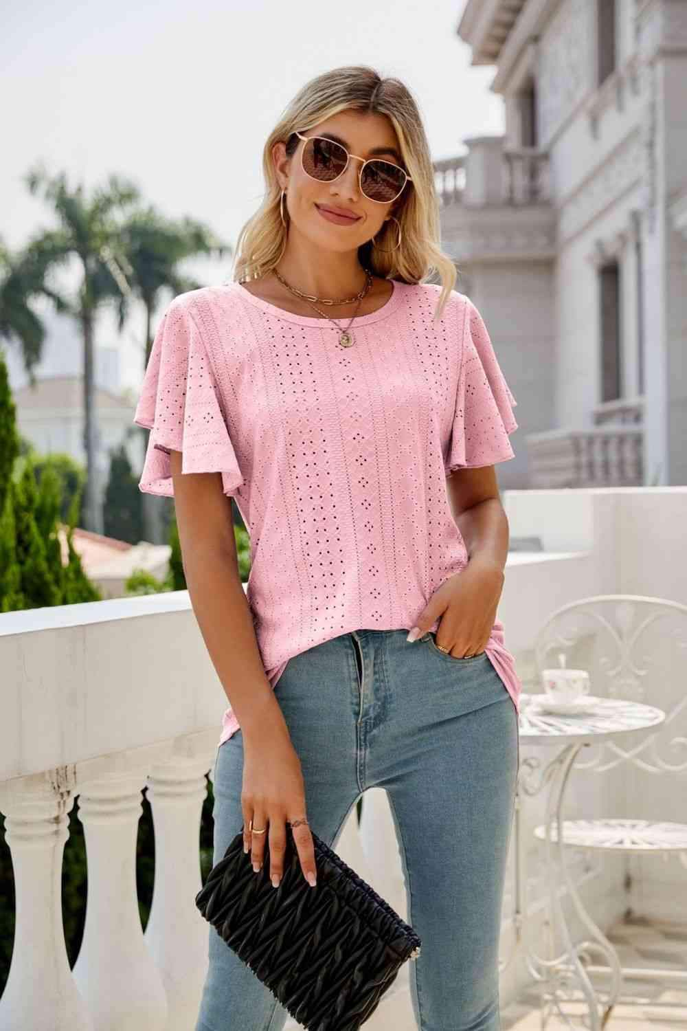 Eyelet Flutter Sleeve Round Neck Top Blush Pink Blouses - Tophatter Daily Deals