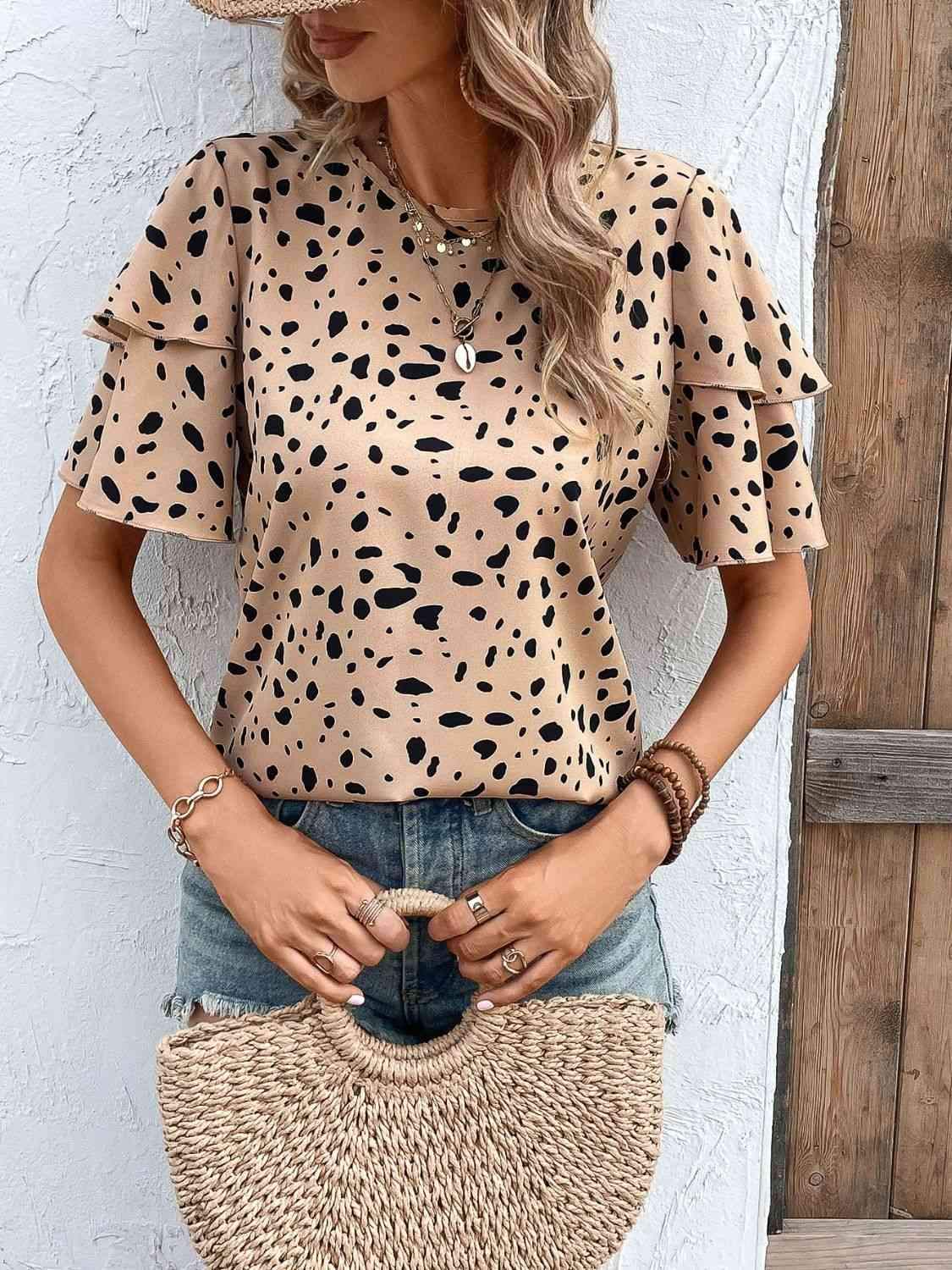 Printed Round Neck Layered Sleeve Blouse Blouses - Tophatter Daily Deals