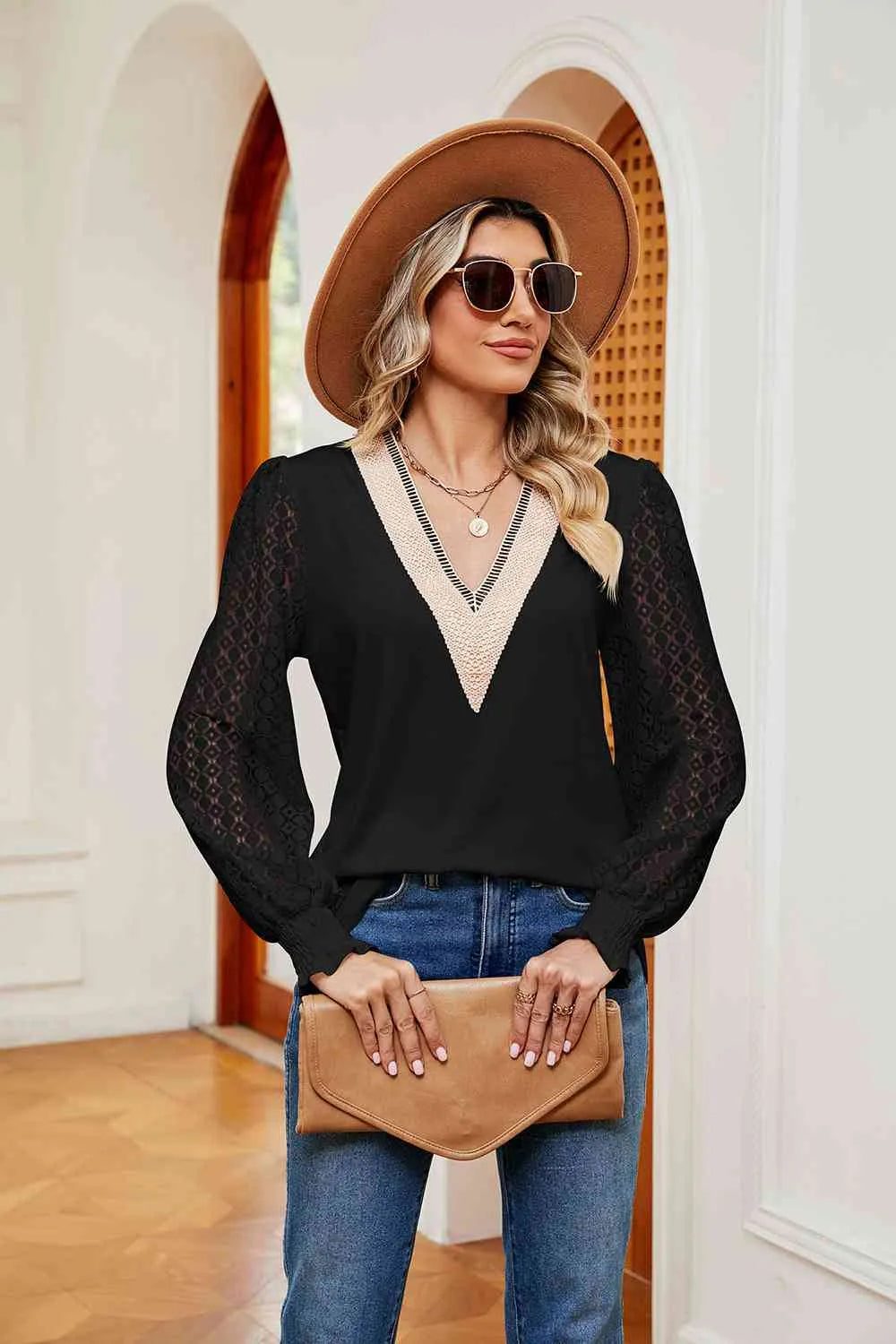 Contrast V-Neck Long Sleeve Blouse Blouses - Tophatter Daily Deals