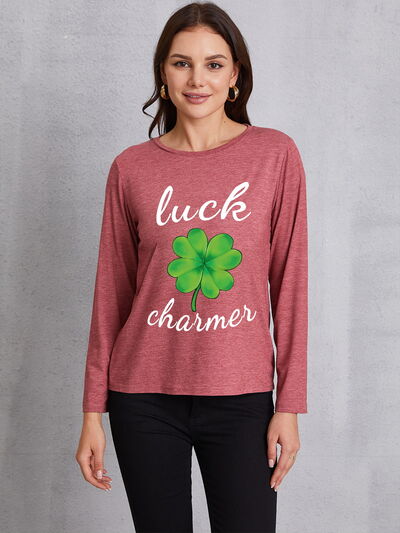 LUCK CHARMER Lucky Clover Round Neck T-Shirt Light Mauve Women's T-Shirts - Tophatter Daily Deals