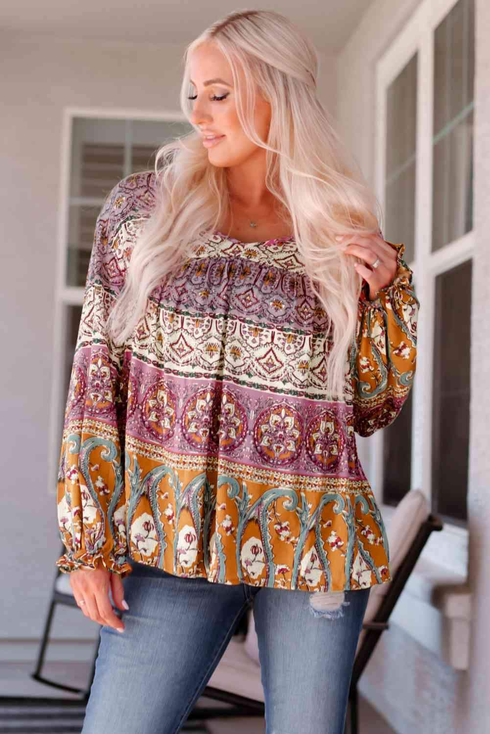 Bohemian Long Flounce Sleeve V-Neck Blouse Multi Blouses - Tophatter Daily Deals