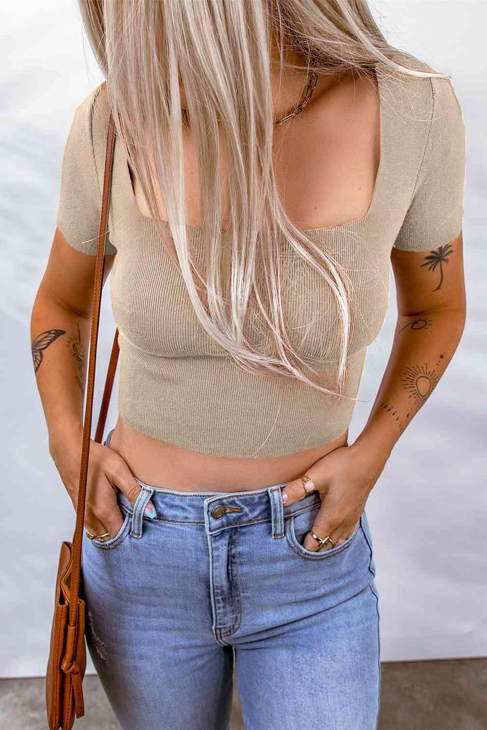 Lace-Up Square Neck Crop Top Blouses - Tophatter Daily Deals