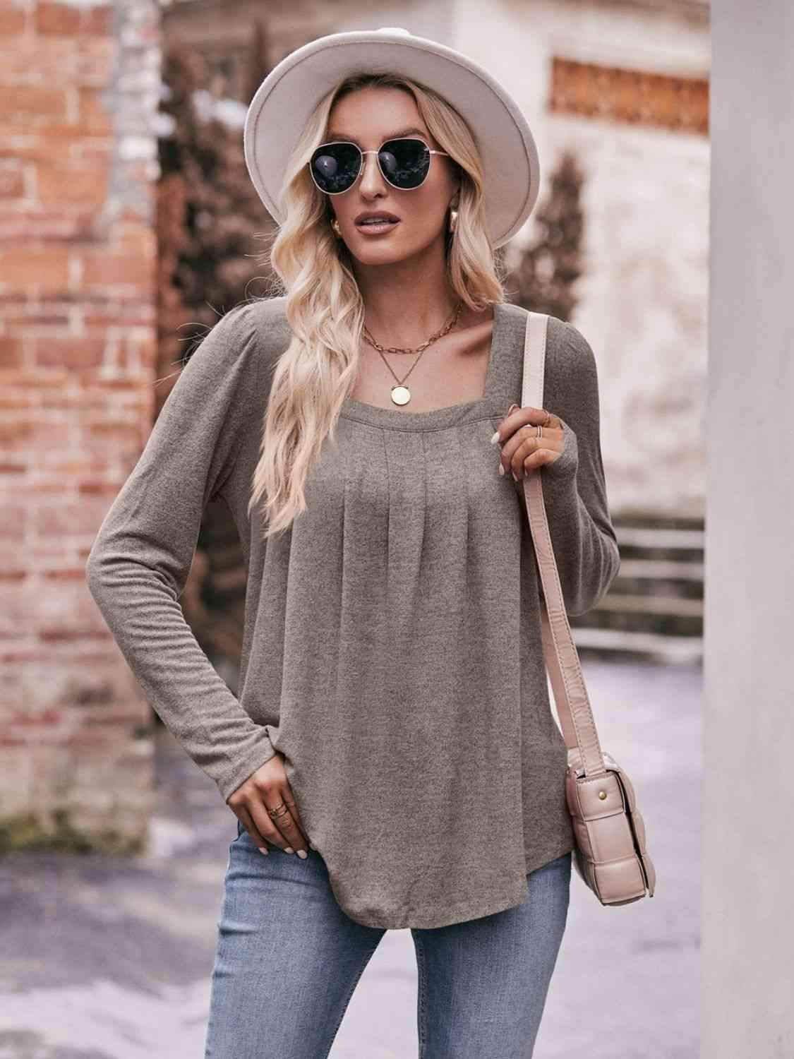 Double Take Pleated Detail Curved Hem Long Sleeve Top Khaki Blouses - Tophatter Daily Deals