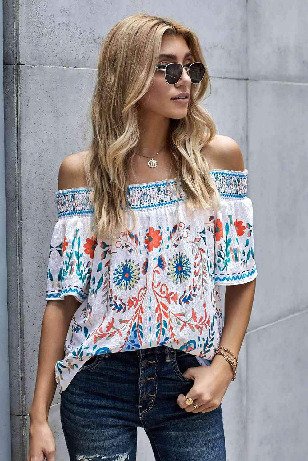 Floral Off-Shoulder Blouse White Blouses - Tophatter Daily Deals