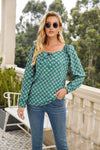 Printed Tied Sweetheart Neck Long Sleeve Blouse Teal Blouses - Tophatter Daily Deals