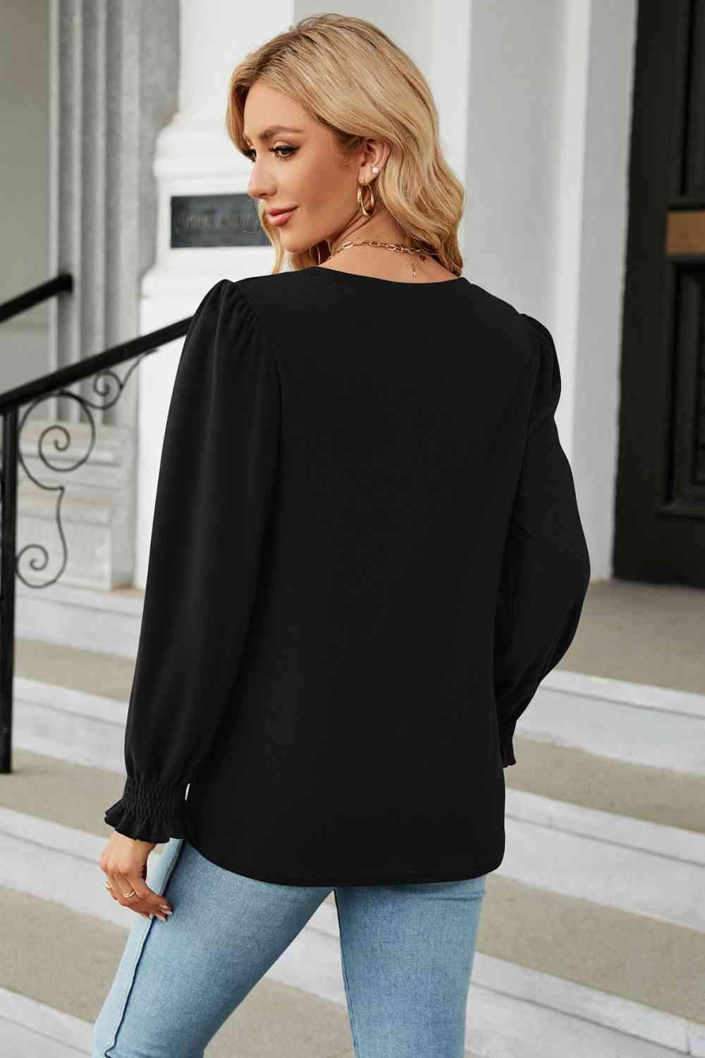 Round Neck Smocked Flounce Sleeve Blouse Blouses - Tophatter Daily Deals