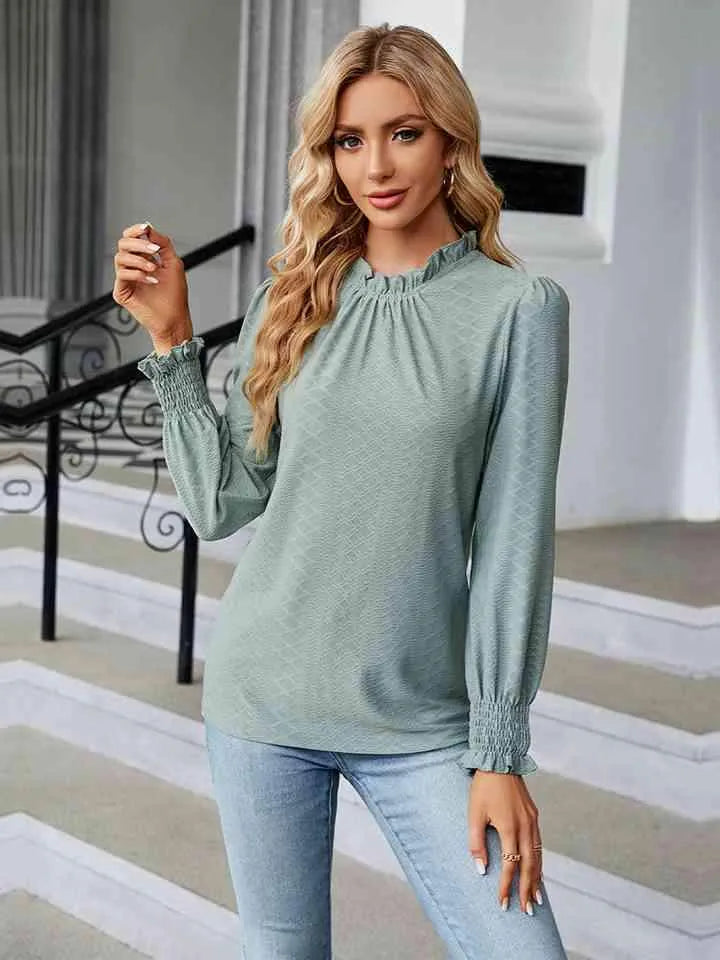 Round Neck Flounce Sleeve Blouse Blouses - Tophatter Daily Deals