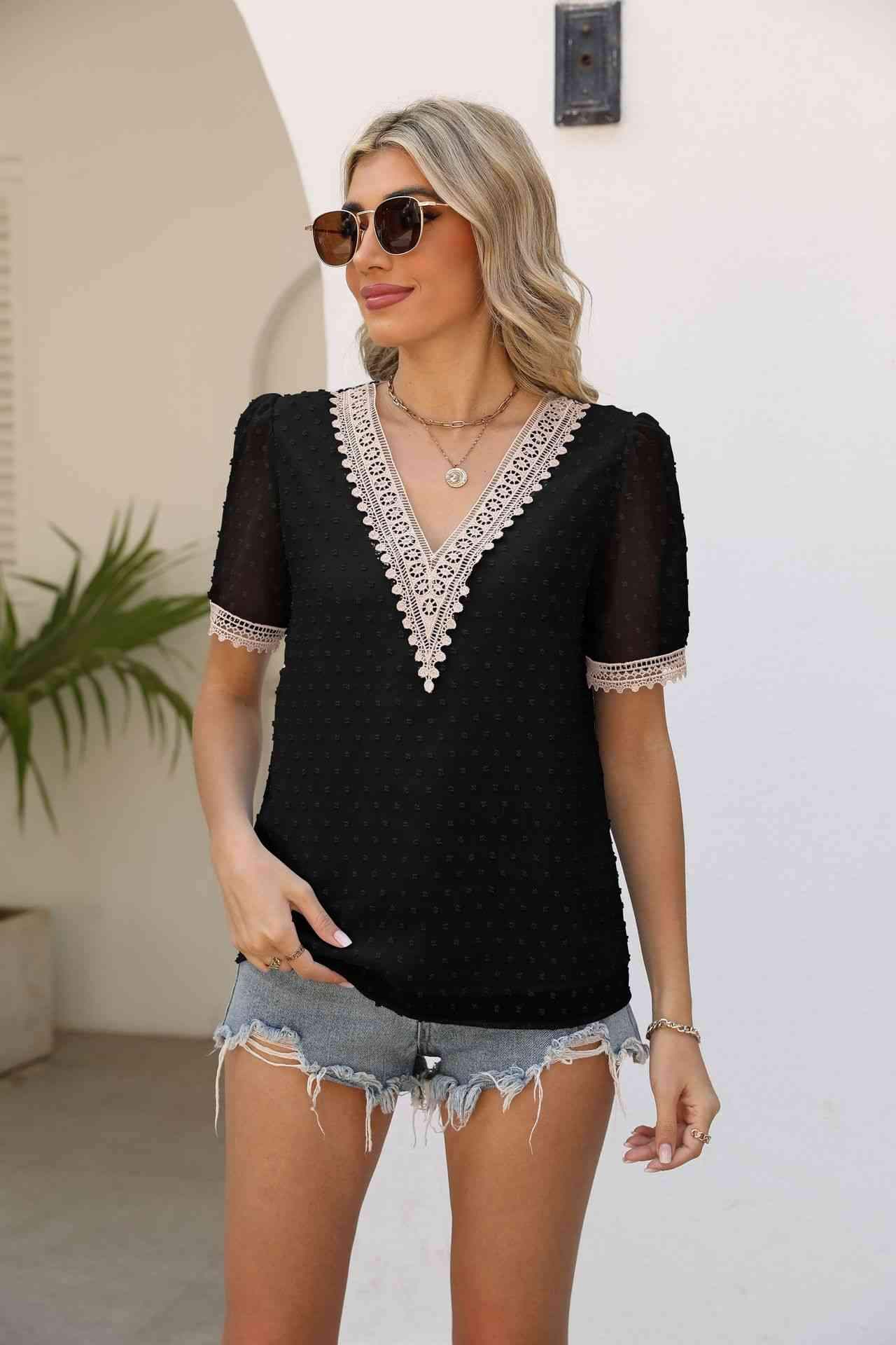 Contrast V-Neck Swiss Dot Top Blouses - Tophatter Daily Deals