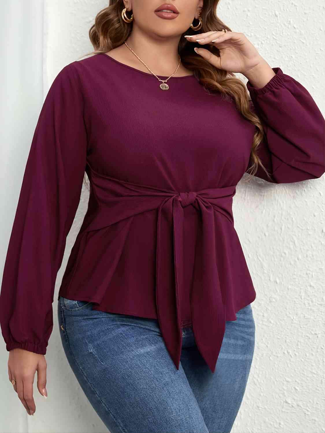 Plus Size Tie Front Long Sleeve Blouse Plum Blouses - Tophatter Daily Deals