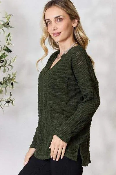 BiBi Notched Popcorn Waffle Long Sleeve Top Blouses - Tophatter Daily Deals