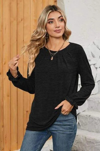 Ruched Round Neck Flounce Sleeve T-Shirt Women's T-Shirts - Tophatter Daily Deals