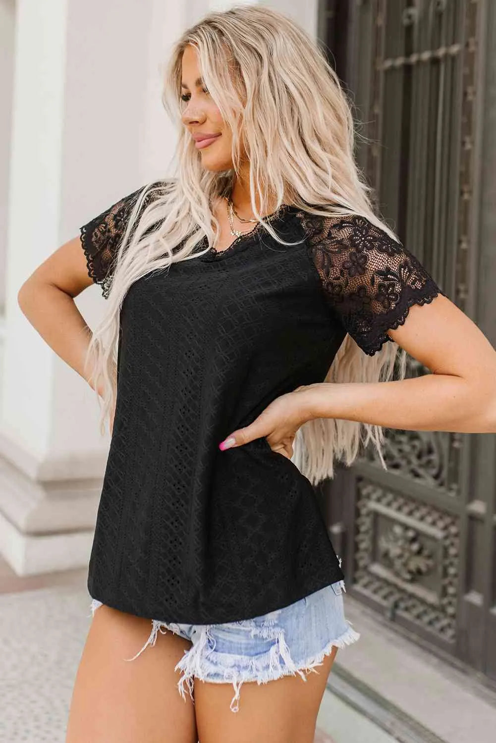 V-Neck Short Sleeve Lace Trim Blouse Blouses - Tophatter Daily Deals