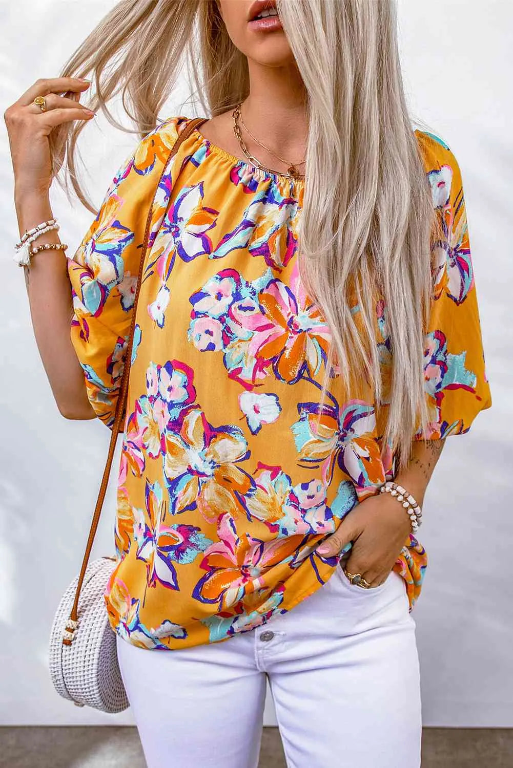 Floral Puff Sleeve Boat Neck Blouse Blouses - Tophatter Daily Deals