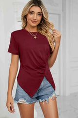 Ruched Hem Detail Crewneck T-Shirt Wine Women's T-Shirts - Tophatter Daily Deals