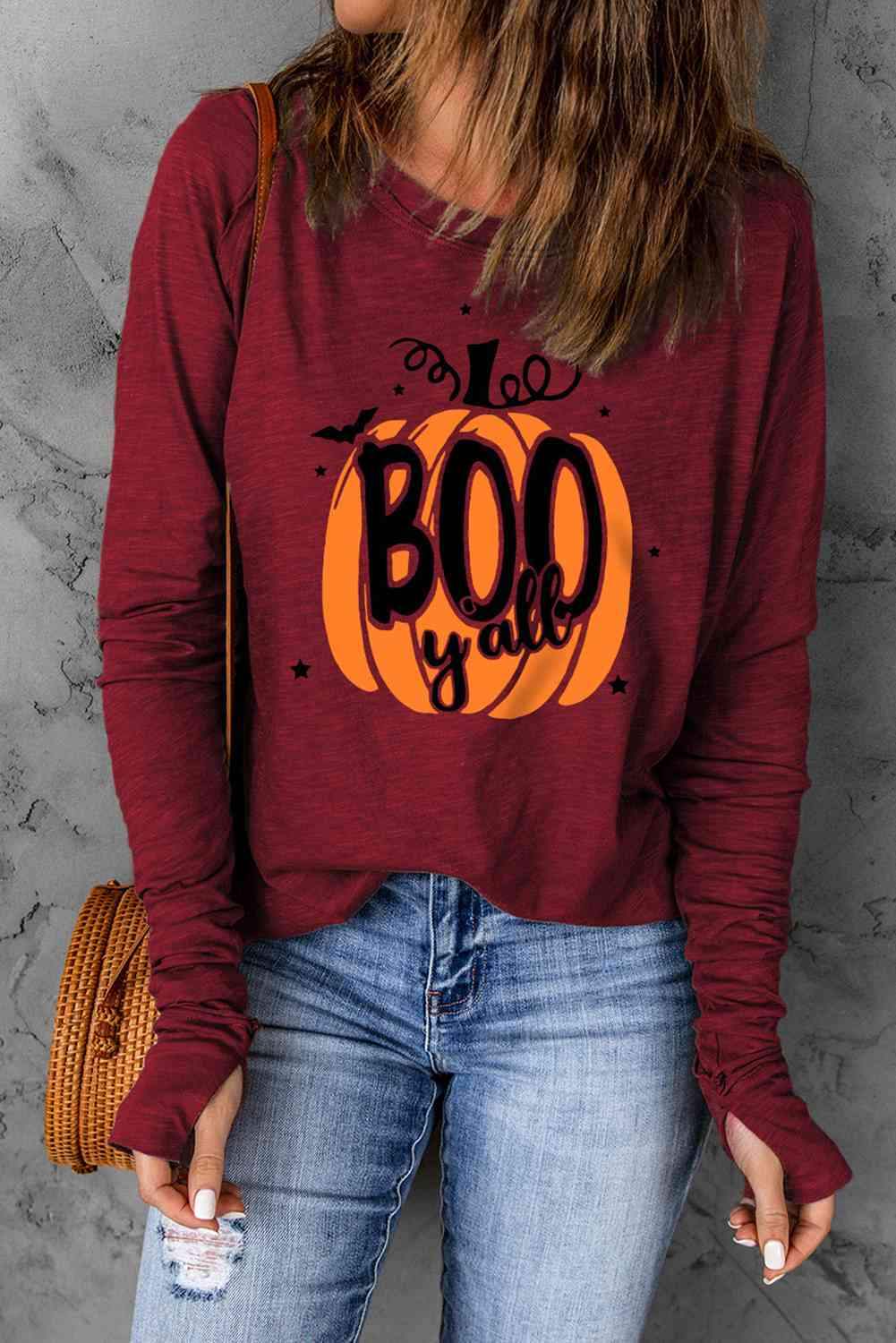 Pumpkin Graphic Thumbhole Sleeve T-Shirt Wine Women's T-Shirts - Tophatter Daily Deals