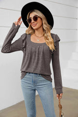 Square Neck Ruffle Shoulder Long Sleeve T-Shirt Women's T-Shirts - Tophatter Daily Deals