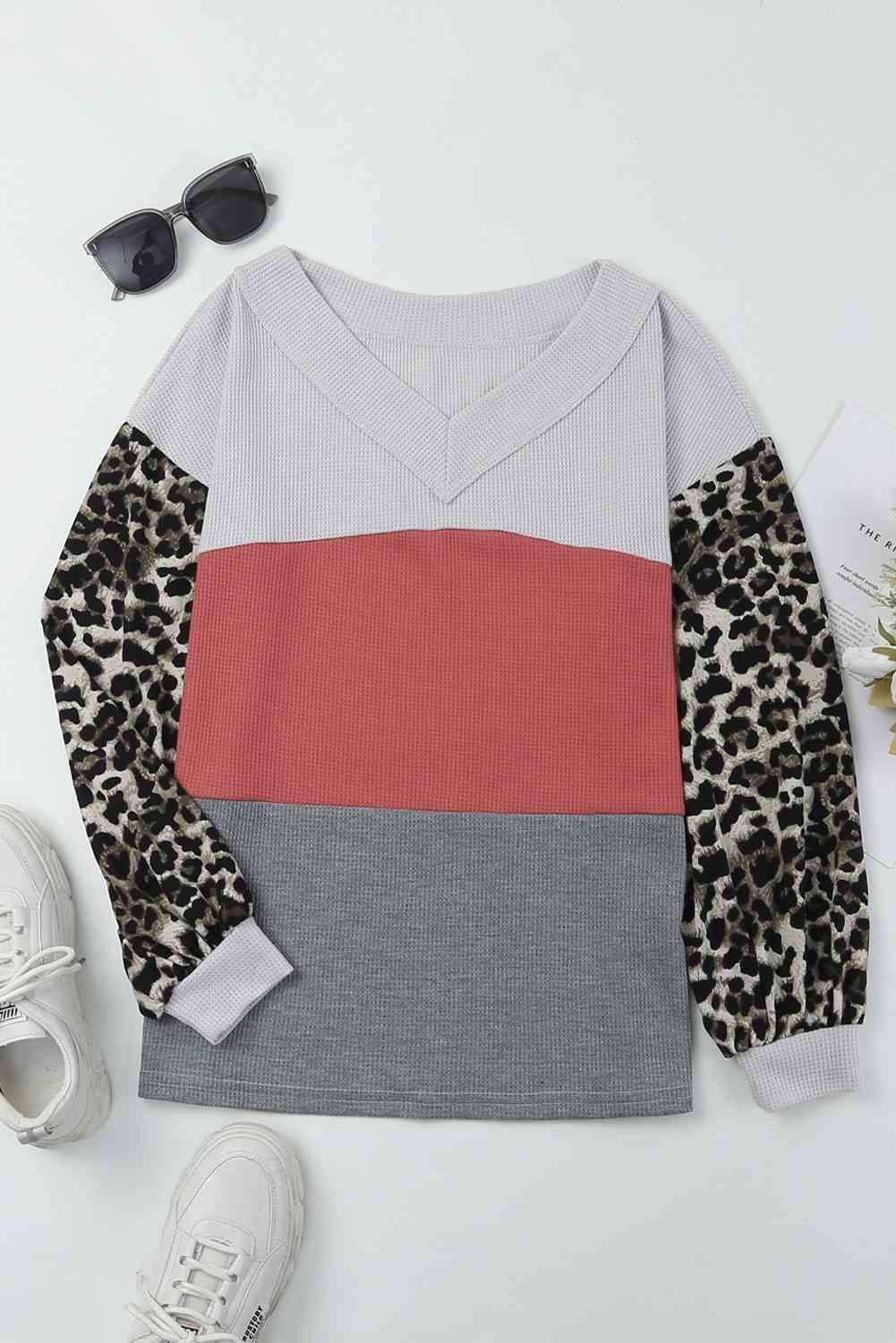 Leopard Color Block V-Neck Top Blouses - Tophatter Daily Deals