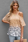 Leopard Asymmetrical Neck Cold-Shoulder Blouse Tan Blouses - Tophatter Daily Deals