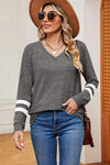 Striped V-Neck Long Sleeve T-Shirt Charcoal Women's T-Shirts - Tophatter Daily Deals