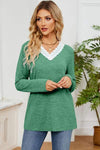 Lace Detail V-Neck Long Sleeve T-Shirt Mid Green Women's T-Shirts - Tophatter Daily Deals