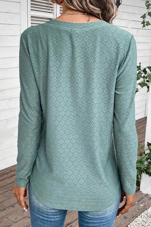 Eyelet V-Neck Long Sleeve T-Shirt Women's T-Shirts - Tophatter Daily Deals