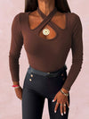 Crisscross Halter Neck Long Sleeve T-Shirt Chocolate Women's T-Shirts - Tophatter Daily Deals