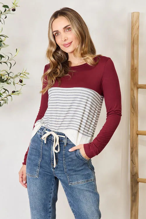 e.Luna Full Size Striped Contrast Long Sleeve Blouse Blouses - Tophatter Daily Deals