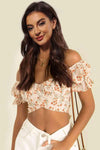 Flower Print Ruffle Trim Off-Shoulder Back Tie Blouse Peach Blouses - Tophatter Daily Deals