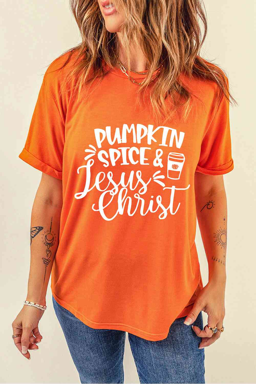 Round Neck Short Sleeve PUMPKIN SPICE JESUS CHRIST T-Shirt Women's T-Shirts - Tophatter Daily Deals