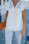 Grid V-Neck Ruffle Shoulder Frill Trim Top White S Blouses - Tophatter Daily Deals