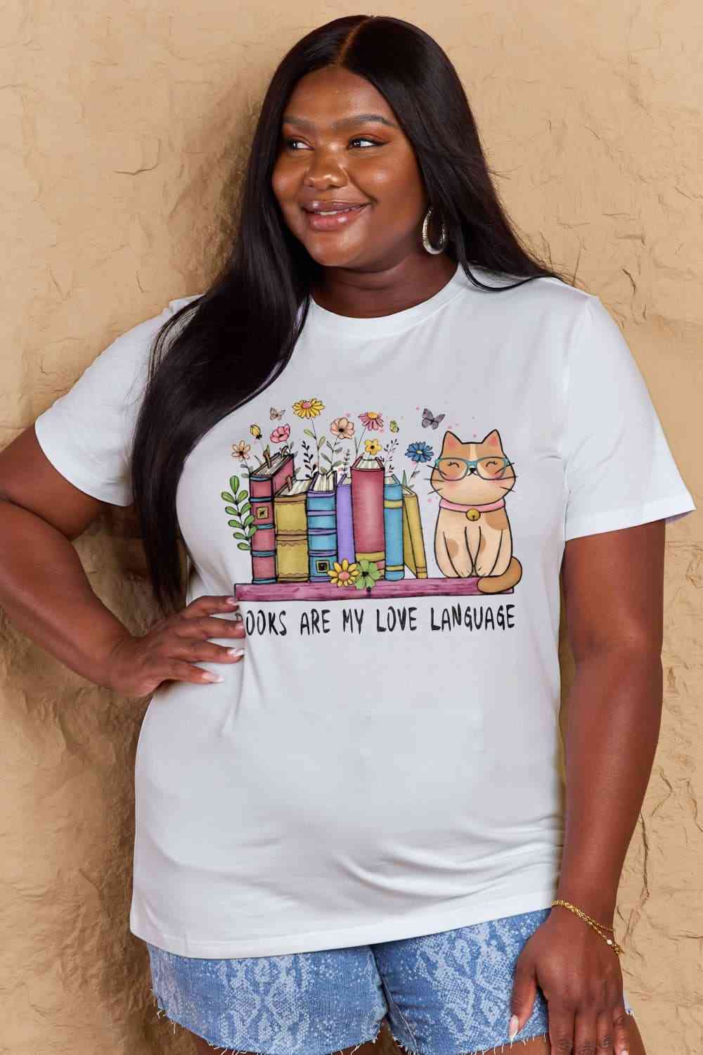 Simply Love Full Size BOOKS ARE MY LOVE LANGUAGE Graphic Cotton Tee Women's T-Shirts - Tophatter Daily Deals