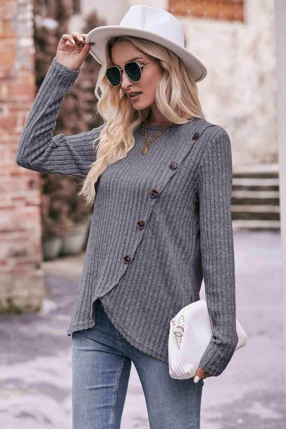 Double Take Ribbed Round Neck Buttoned Long Sleeve Tee Women's T-Shirts - Tophatter Daily Deals