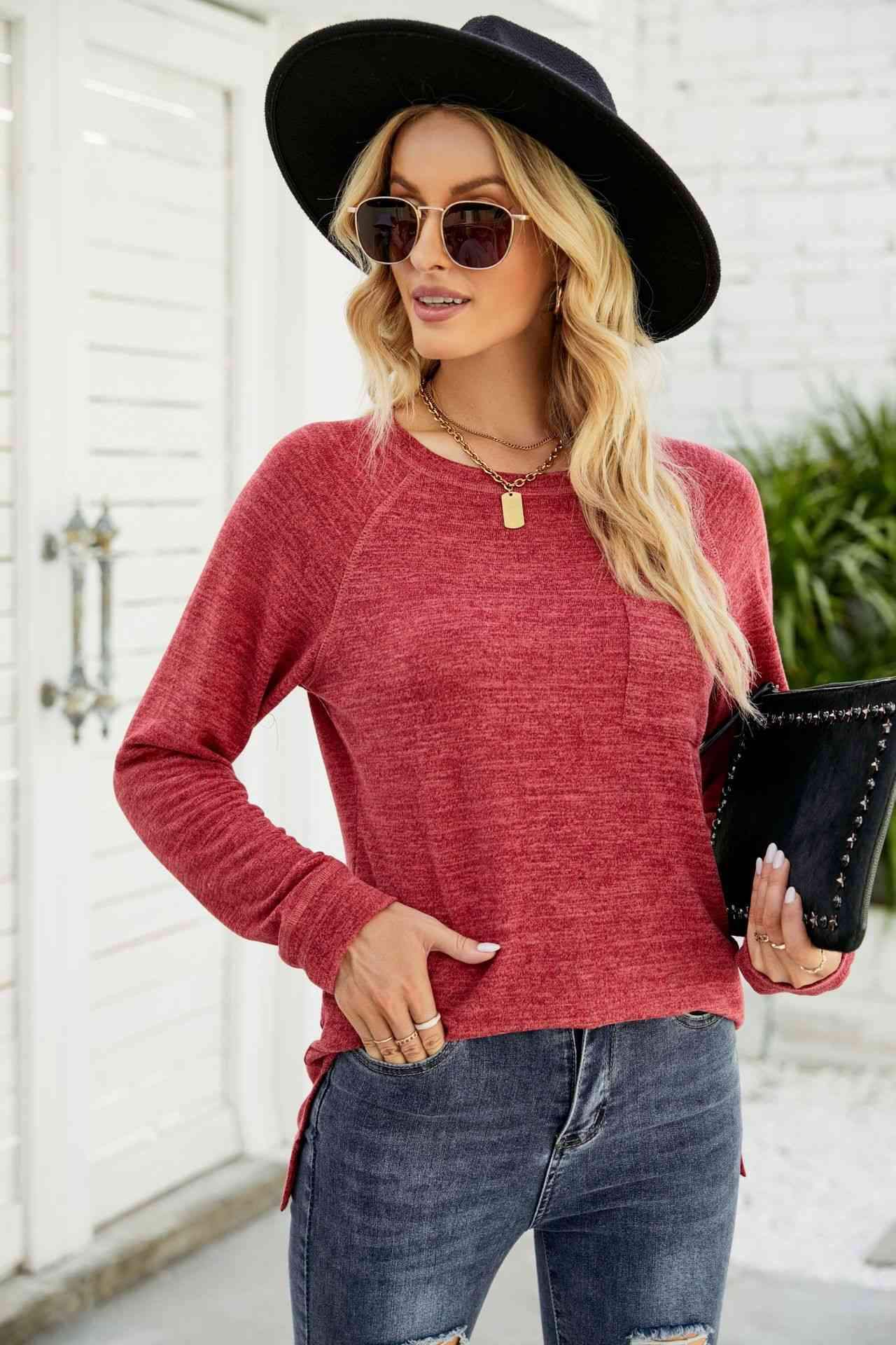 Heathered Slit Long Raglan Sleeve Top Women's T-Shirts - Tophatter Daily Deals