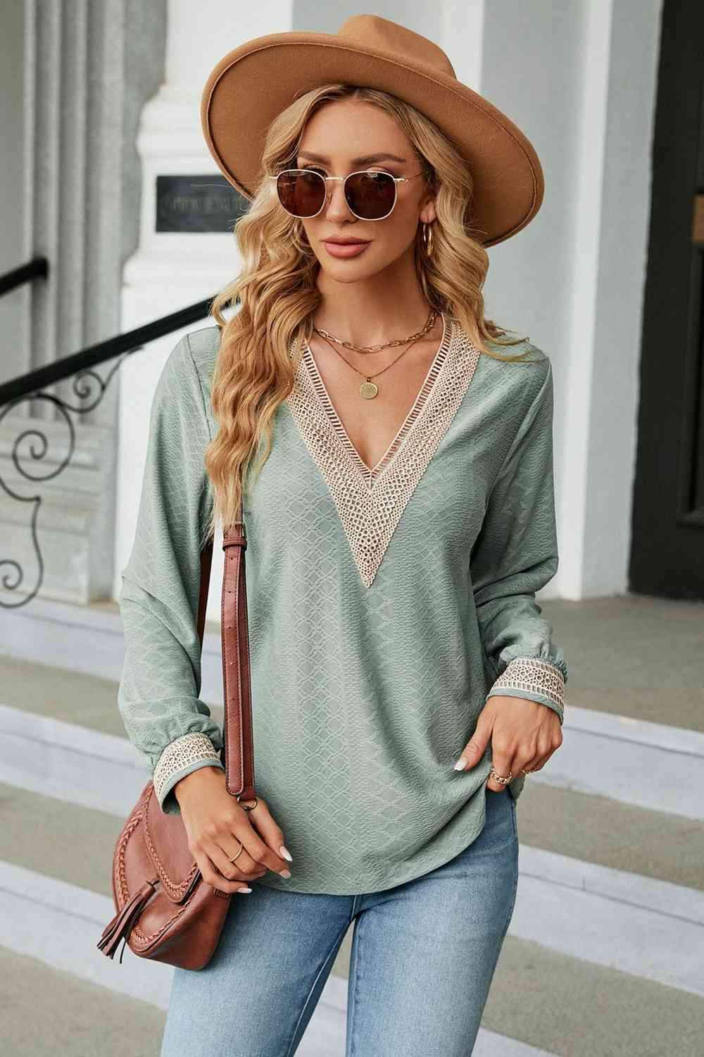 V-Neck Long Sleeve Blouse Sage Blouses - Tophatter Daily Deals