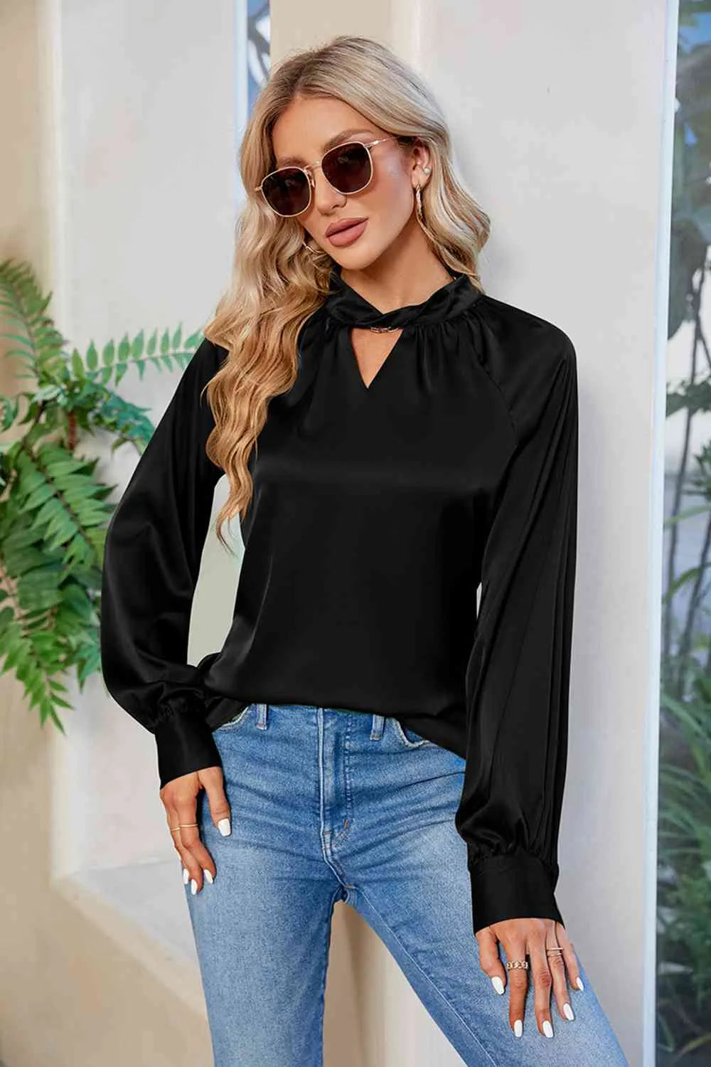 Cutout Mock Neck Long Sleeve Top Blouses - Tophatter Daily Deals