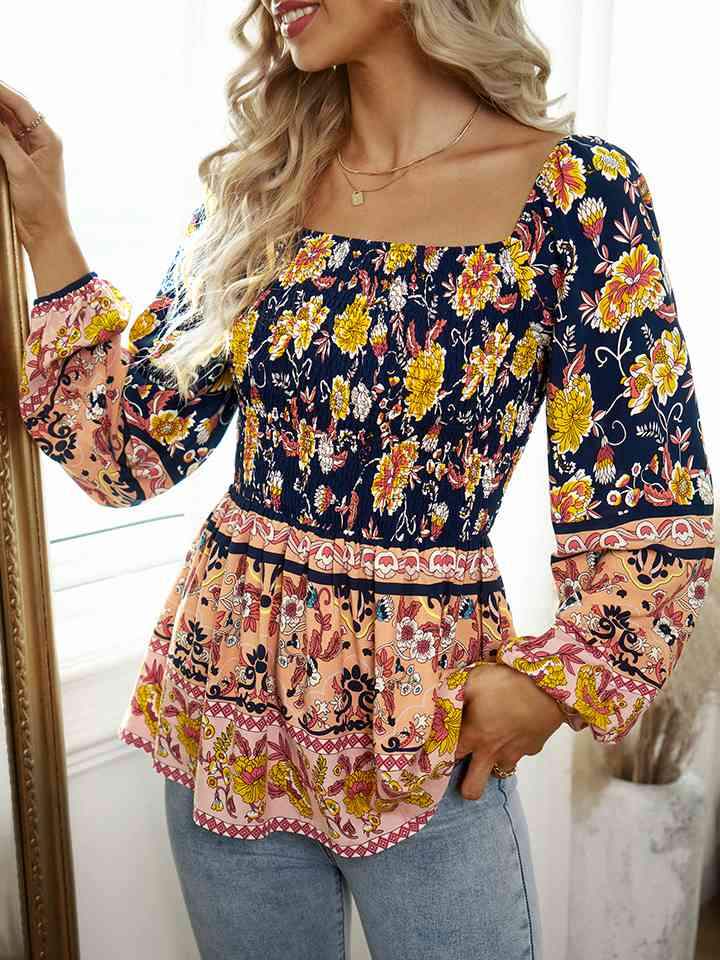 Square Neck Printed Blouse Navy Blouses - Tophatter Daily Deals