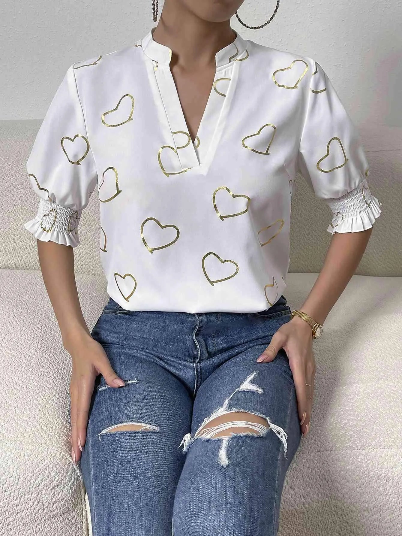 Heart Print Notched Neck Half Sleeve Blouse Blouses - Tophatter Daily Deals