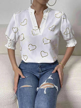 Heart Print Notched Neck Half Sleeve Blouse Blouses - Tophatter Daily Deals