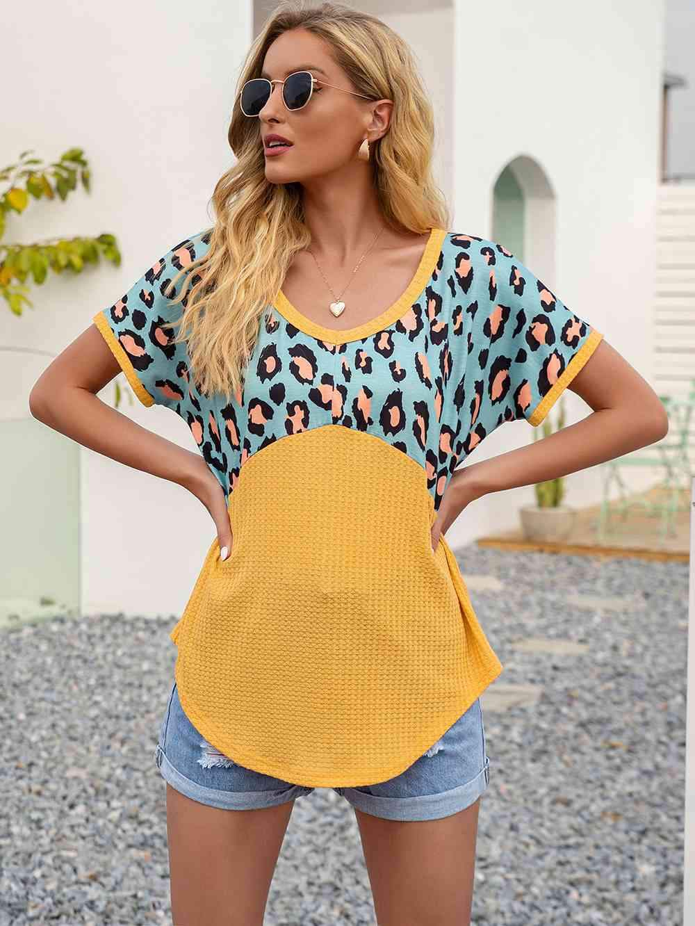 Leopard Waffle-Knit Short Sleeve Top Women's T-Shirts - Tophatter Daily Deals