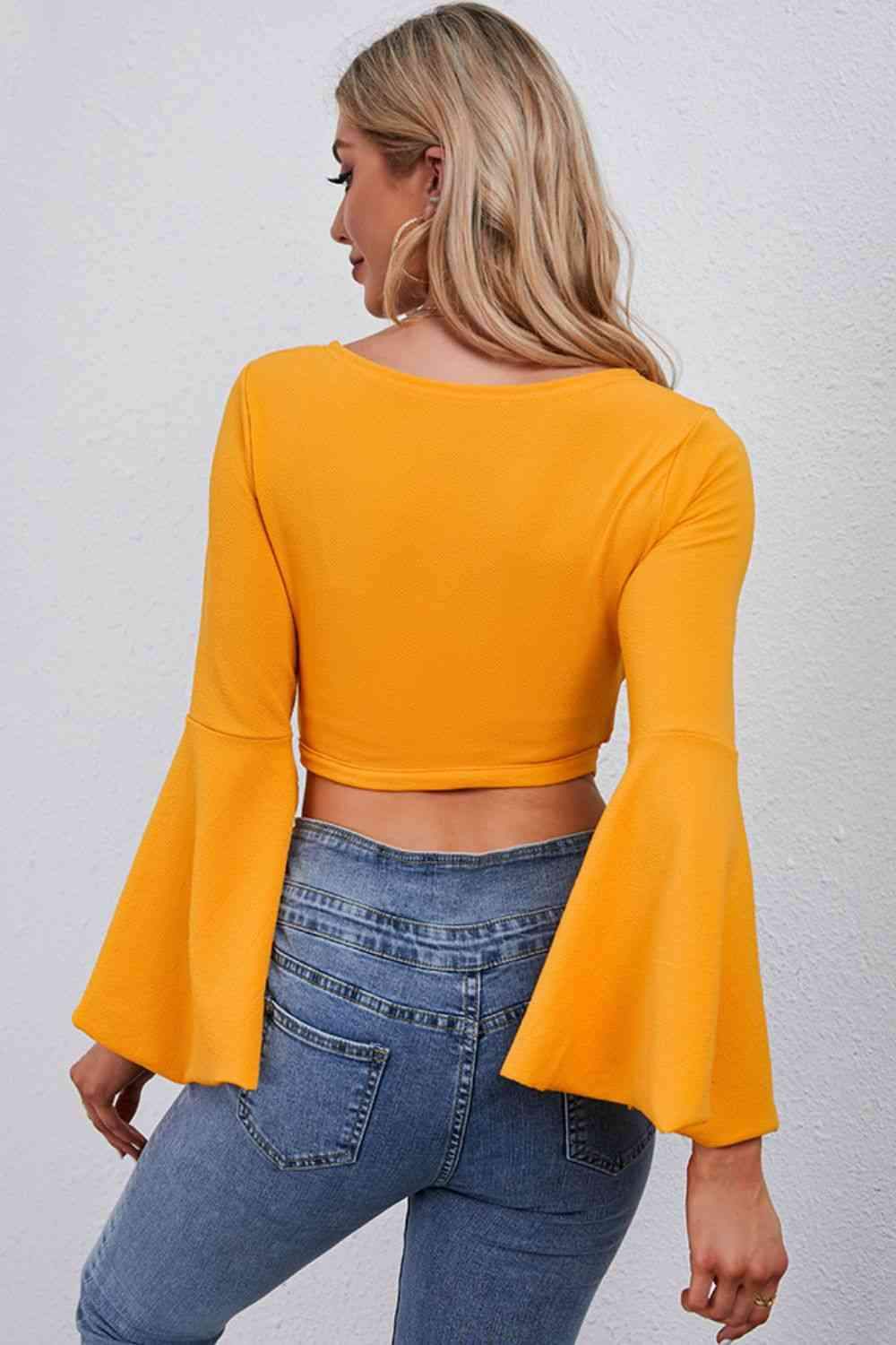 Tie Front Flare Sleeve Cropped Top Blouses - Tophatter Daily Deals