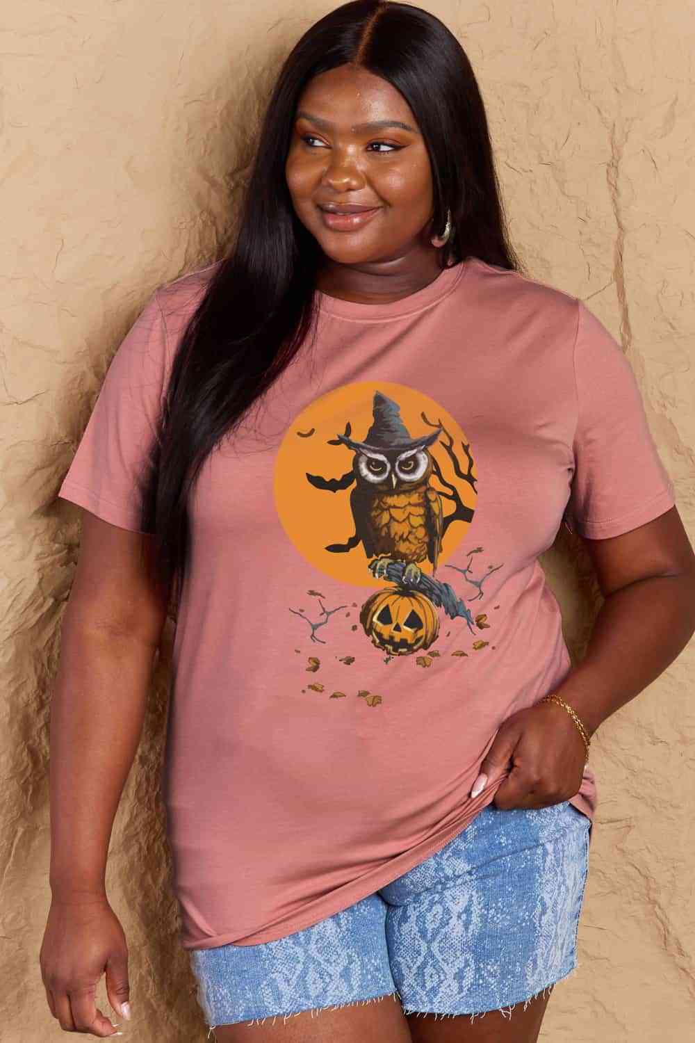 Simply Love Full Size Holloween Theme Graphic Cotton T-Shirt Dusty Pink Women's T-Shirts - Tophatter Daily Deals