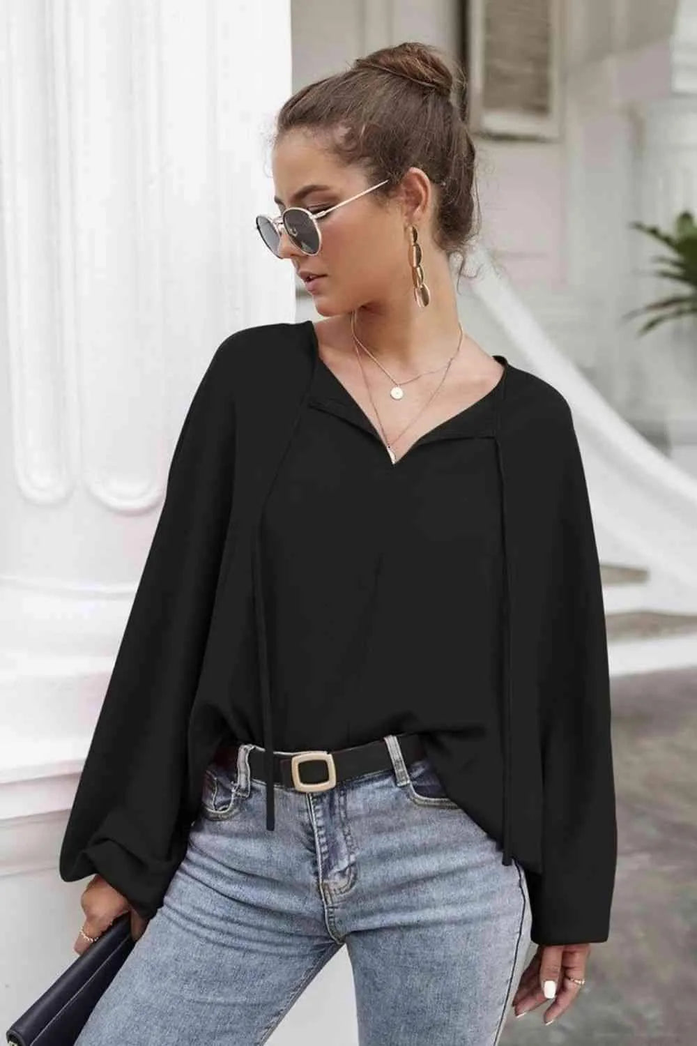 Tie Neck Balloon Sleeve Blouse Blouses - Tophatter Daily Deals