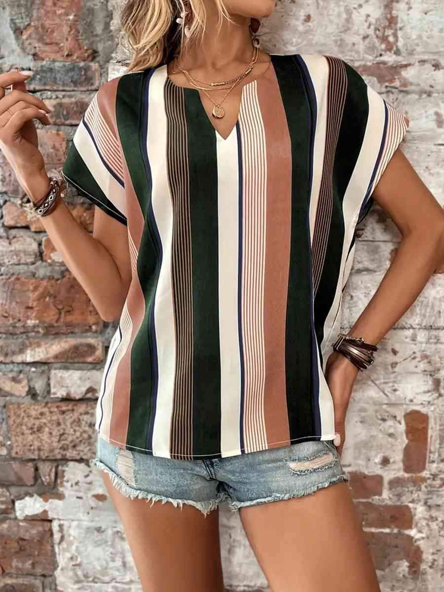 Striped Notched Neck Short Sleeve Blouse Blouses - Tophatter Daily Deals