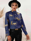 Leopard Graphic Mock Neck Puff Sleeve Blouse Royal Blue Blouses - Tophatter Daily Deals