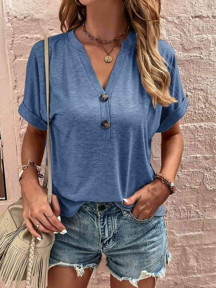 Notched Neck Short Sleeve Blouse Blouses - Tophatter Daily Deals