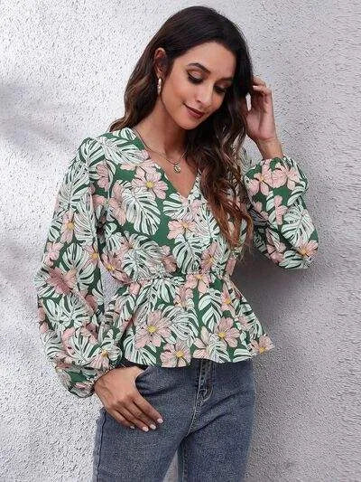 Floral V-Neck Balloon Sleeve Peplum Blouse Blouses - Tophatter Daily Deals