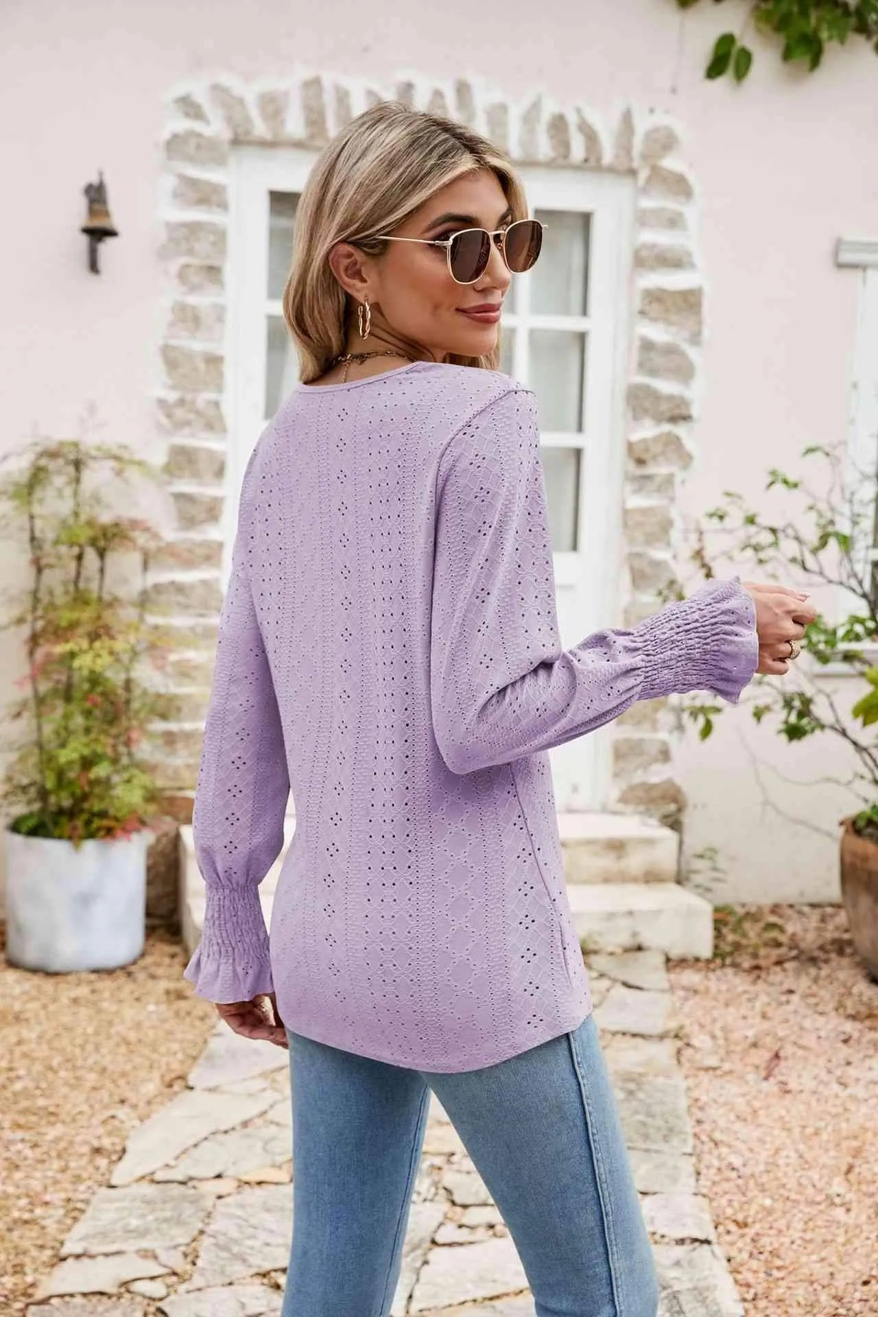 Eyelet V-Neck Smocked Flounce Sleeve Blouse Blouses - Tophatter Daily Deals